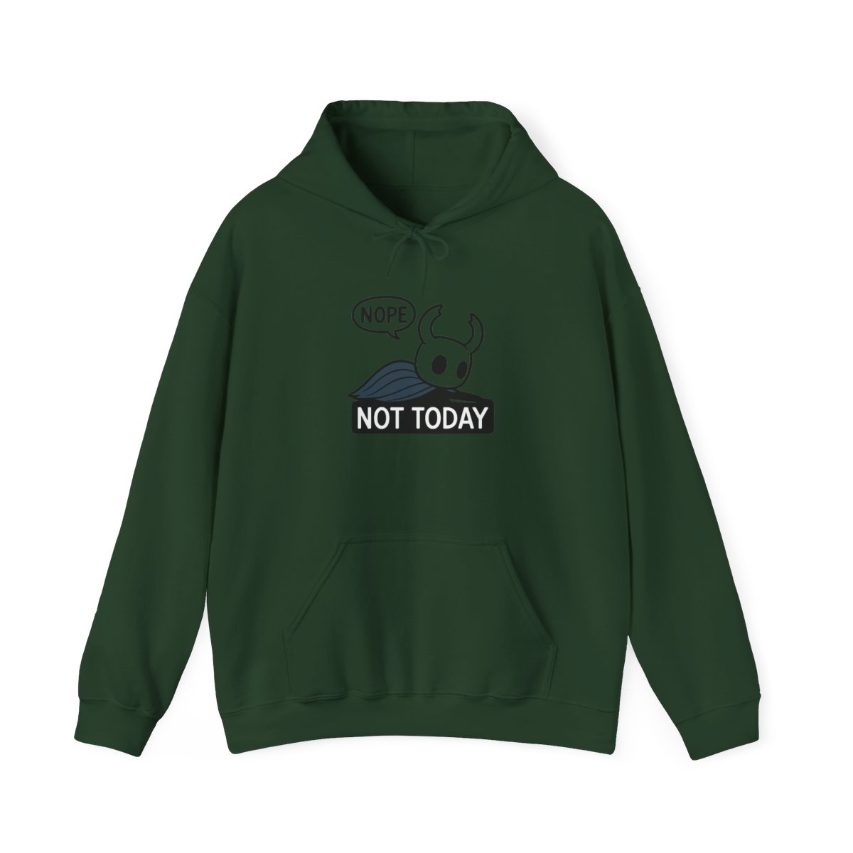 Black hooded Hoodie featuring a white graphic of a character from the video game Hollow Knight. The graphic says "NOPE" in a speech bubble above the character and "NOT TODAY" below the character - alternate angle 5, merchandise